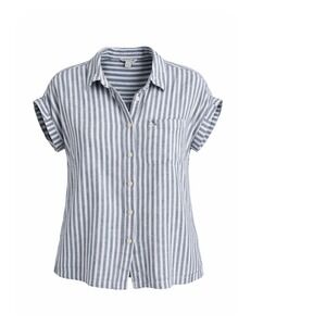 Orvis Womens Blue White Striped Linen Blend Short Sleeve Button Down Shirt M